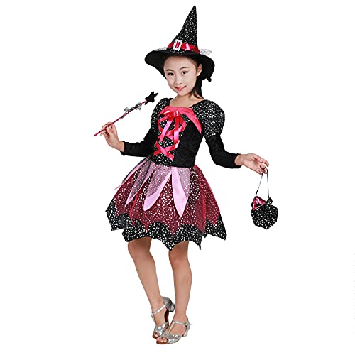 Generisch Hexenkostüm Karneval Bekleidung Outfits Cosplay Kleinkind Baby Kostüm Kleid Hut Party Mädchen Halloween Mädchen Outfits Set (T4-Red, 8-9 Years) von Generisch