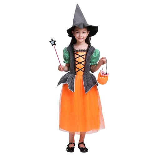 Generisch Hexenkostüm Karneval Bekleidung Outfits Kleid + Hut + Party Mädchen Kleinkind Kostüm Halloween Cosplay Outfits Baby Mädchen Outfits Set Elegantes Hexenkostüm (T5-Orange, 10-11 Years) von Generisch