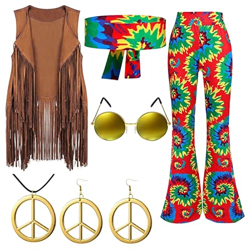 Generisch Hippie Kleidung Damen, Hippie Kostüm Damen Set, Damen Disco Outfit, Braun Fransenweste Damen, Damen 70er Hippie Accessoires, Hippy Damen Party Outfi Karneval KostüM KostüM Xl Damen von Generisch