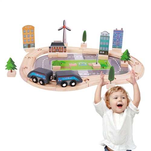 Generisch Holzeisenbahn-Set, Holzeisenbahn-Set für Kinder,Puzzle-Autobahn | Flexibles Gleisset für Kinder ab 3 Jahren, Set mit 46 Baustein-Gleisspielzeugen, Spielzeugauto zum Rollenspiel für Kinder von Generisch