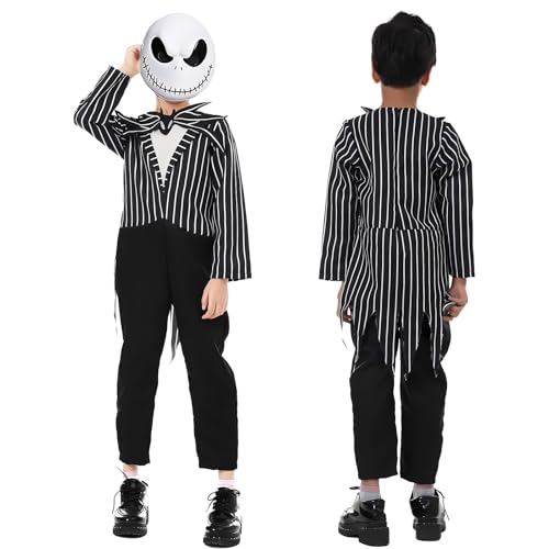 Generisch Jack Kostüm Kinder Jungen Das Skelett Skellington Cosplay Overall Maske Fliege Halloween Weihnachts Outfits 4-14 Jahre (M) von Generisch