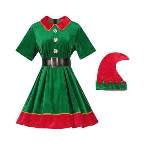 Generisch Kinder Weihnachtenelf Kostüm Mädchen Elfen Kostüm mit Hat Elfenohren Weihnachts Outfits Elfen Kostüm für Karneval Weihnachten Party Cosplay Familienfeste Weihnachtself Kostüm Set Kinder von Generisch