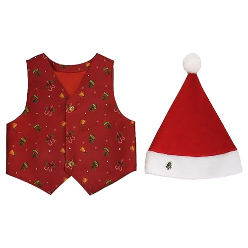 Generisch Kleinkind Jungen Mädchen Weihnachtsdrucke Costome Party Weste Hut Outfit Set Baby Strampler Anzug Junge (Red, 11-14 Years) von Generisch