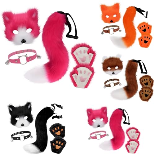 Generisch Kostüm Damen, Kunstpelz Fuchs Maske Wolf Katze Flauschiger Schwanz Leder Halskette und Pfote Handschuhe Faschingskostüme Karneval Halloween Kostüm Set für Damen von Generisch