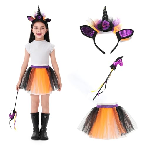 Einhorn kostüm kinder, 3 Stück faschingskostüme kinder, tüllrock kinder schwarz orange, einhorn haarreif kinder, zauberstab kinder,kinderkostüm set Geeignet für karneval, fasching kinder von Generisch