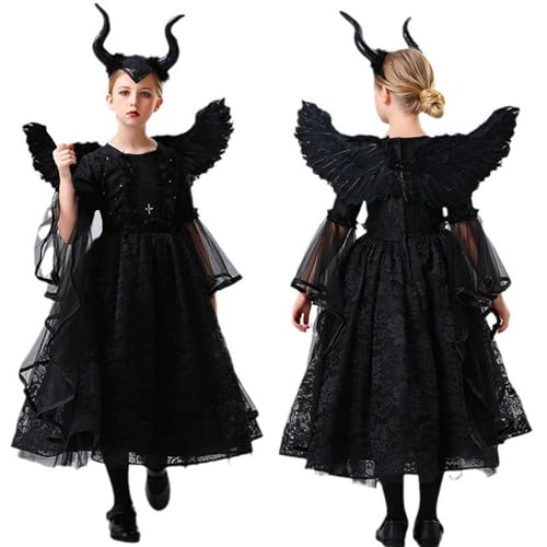 Generisch Black Angel Wings Kostüm Hexen Kostüm Kinder mit Hörner Flügel Kleid Gothic Böse Karneval Halloween Cosplay Outfits (L) von Generisch