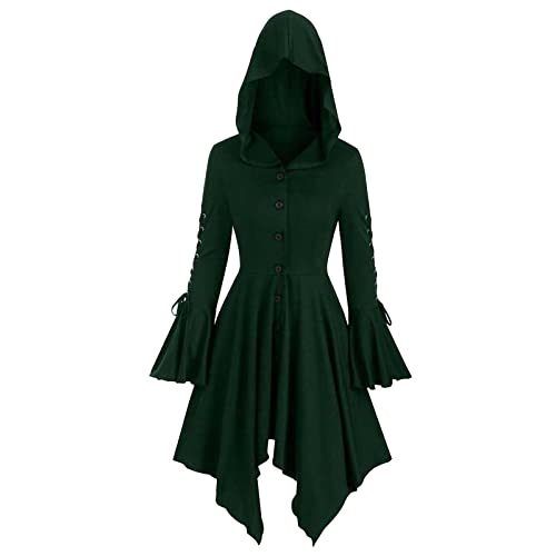 Generisch Mittelalter Kleidung Damen, Gothic Kleidung Damen Langarm Vintage Mittelalter Cape Jacke mit Kapuze Unregelmäßigem Saum Halloween Kostüm Damen Renaissance Kleid Karneval Cosplay Kleider von Generisch