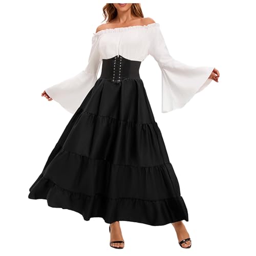 Generisch Mittelalter Kostüm Damen Trachten Vintage Kleidung Gesmokt Cosplay Renaissance Hohe Taille Steampunk Gothic A-Linie Corsagenkleid Lange Schulterfrei Kleider Kurzarm Karneval Kleid von Generisch