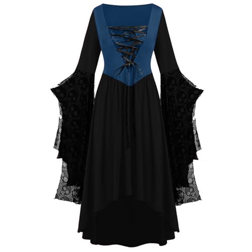 Generisch Mittelatle Kleid Damen Renaissance Halloween Kostüme Maxikleid Gothic Retro Mittelalterkleid Trompetenärmel Karneval Kostüm Vintage A-Linie Festlich für Damen von Generisch