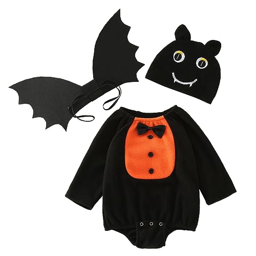 Generisch Neugeborene Jungen Mädchen Halloween Fledermaus Weiches Fleece Cartoon Cosplay Strampler Bodys Outfits Mit Flügel Hut 3PCS Kostüme Langärmelige Bodys Für Jungen (Orange, 6-12 Months) von Generisch