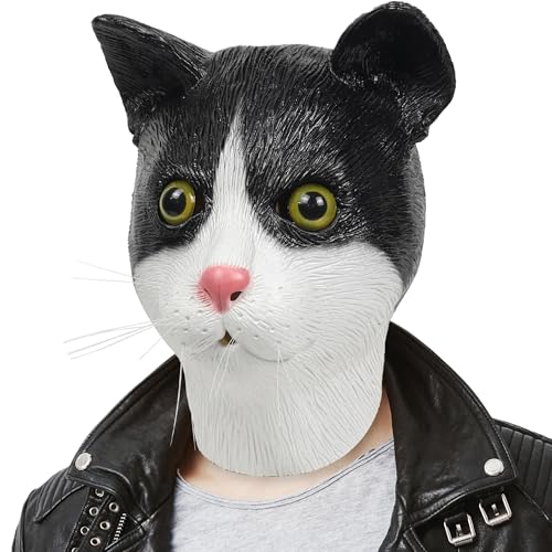 shayulajiao Katzenmaske,Tier Vollkopf Maske Halloween Kostüm Cosplay Party Neuheit lustige Latex Erwachsene Maskeschwarz und weiß von shayulajiao