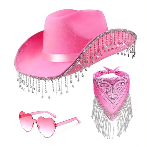 Generisch Rosa Cowboyhut, Cowboy Hut für Damen, Filz Cowboyhut, mit Herz Brille, Rosa Bandana, Cosplay Party Halloween Karneval Kostüm Zubehör, 3 Stück Cowboy Damen Pink Hippie Oberteil Damen Karneval von Generisch