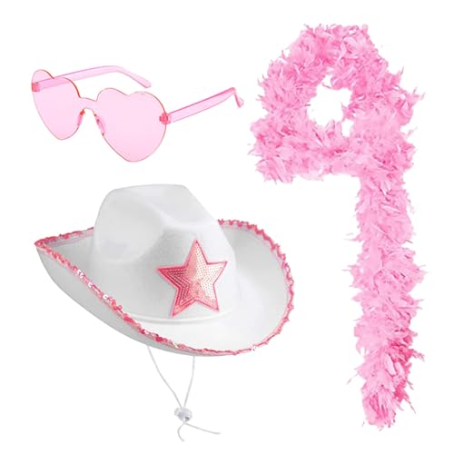 Generisch Rosa Cowboyhut, Cowboy Hut für Damen, Filz Cowboyhut, mit Herz Brille, Rosa Bandana, Cosplay Party Halloween Karneval Kostüm Zubehör Party Hut Trainingsanzug Damen Fasching von Generisch