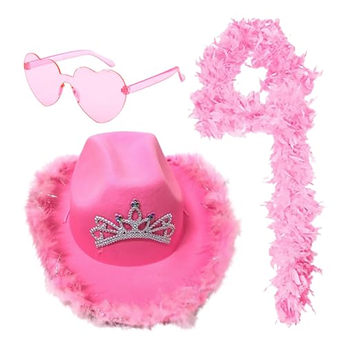 Generisch Rosa Cowboyhut,Cowboy Hut für Damen, Filz Cowboyhut, mit Herz Brille, Rosa Bandana, Cosplay Party Halloween Karneval Kostüm Partybrille Silvester Faschingskostüme Damen Xxxl von Generisch