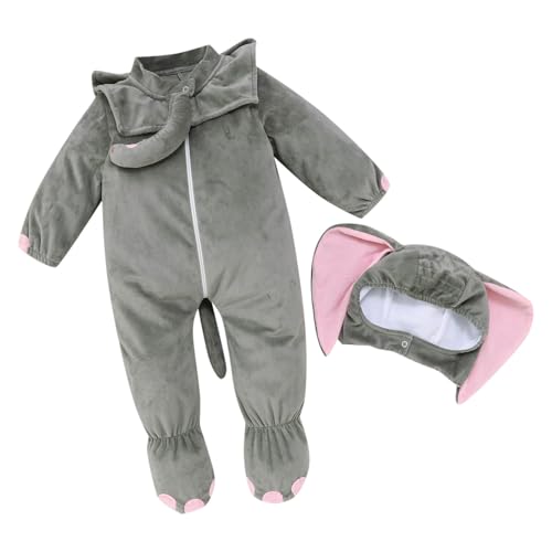 Generisch Säuglings-Jungen-Mädchen Langarm-Strampler Cartoon Elefant Cosplay Fleece Kostüm Overall Hut Outfits Hüttenschuh Kinder Kinder Kleidung Jungs 92 98 von Generisch