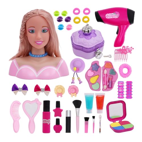 Generisch Schminkkopf Frisierkopf für Mädchen Styling Head Frisierkopf mit Haartrockner, 40Pcs Kinderschminke Set Mädchen Kinder Make Up Set, 2024 Weihnachts Adventskalender von Generisch