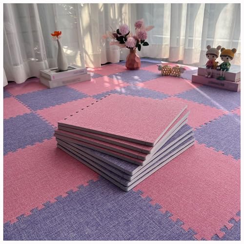 Generisch Weiche Ineinandergreifende Teppichfliesen Mit Rand,100 Stück 30 cm Puzzle-Schaumstoff-Bodenmatte,Quadratische Leinenschaumstoff-Bodenfliesen,Bodenschutz(Color:Rosa + Lila) von Generisch