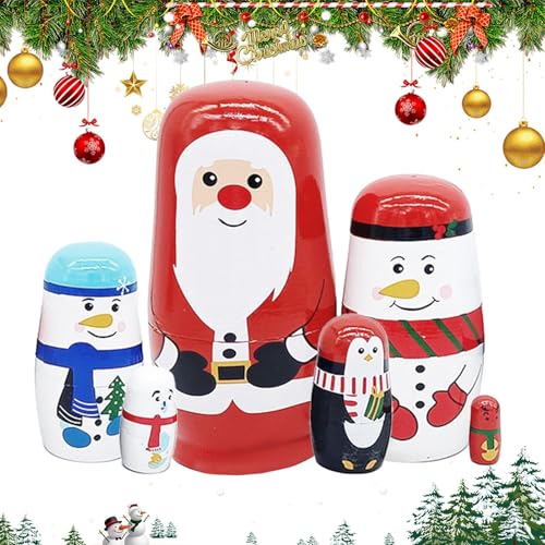 Generisch Weihnachts-Nistpuppen | Stapelpuppe aus Holz | Russische Nistpuppen | Weihnachtsfiguren | Russische Nistpuppen-Figuren, Weihnachtsdekorationen für Kinder, Weihnachtszimmerdekoration von Generisch