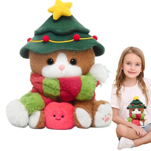 Generisch Weihnachtskuscheltiere,Plüsch-Weihnachtskatze - Weihnachtsdekoration Stofftier,Interessante Puppen mit Weihnachtsschal und Mütze für Sofa, Bett, Kinder, Mädchen, von Generisch