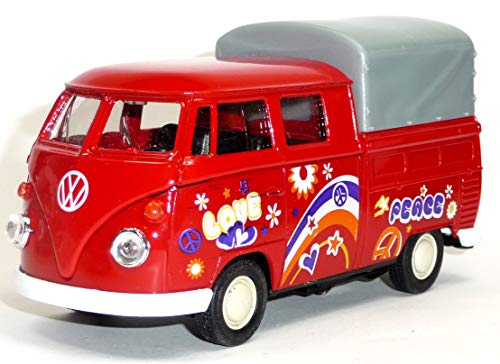 Generisch Welly Modellauto kompatibel mit VW Bulli T1 Doppelkabine rot Love/Peace mit Plane ca. 1:37 Spritzguss von Generisch