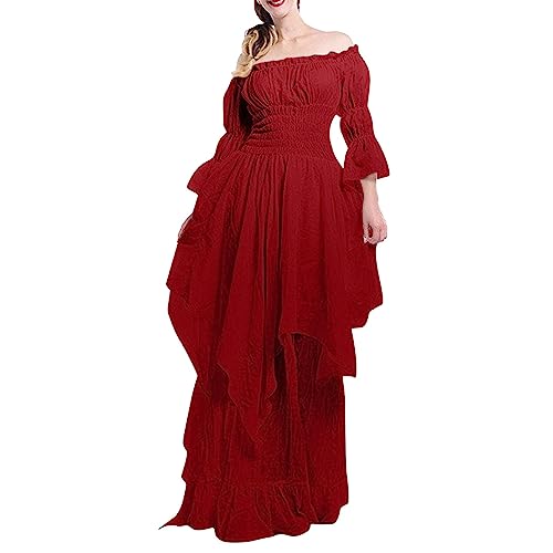 Generisch Wikinger Kleidung Damen Mittelalter Kleid Vintage Maxikleid Für Halloween Karneval Kostüm Renaissance Retro Partykleid Mittelalter Kostüme Gothic Kleider Halloween Karneval Kostüm von Generisch