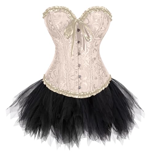 Generisch Zweiteiler Damen Tüllrock Corsage Set Elegant Vintage Gothic Korsett Rock 2 Teilig Karneval Kostüm Corset Top Petticoat Unterrock Set Beige XL von Generisch