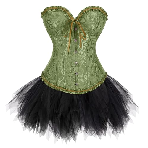 Generisch Zweiteiler Damen Tüllrock Corsage Set Elegant Vintage Gothic Korsett Rock 2 Teilig Karneval Kostüm Corset Top Petticoat Unterrock Set Hellgrün M von Generisch