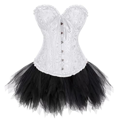 Generisch Zweiteiler Damen Tüllrock Corsage Set Elegant Vintage Gothic Korsett Rock 2 Teilig Karneval Kostüm Corset Top Petticoat Unterrock Set Weiß M von Generisch