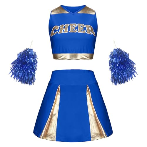 Generisch kostüm Cheerleader Kostüm Kinder,Faschingskostüme Kinder,Kostüm Mädchen,Cheerleader Pompons,Mädchen Fasching Kleid Mit Pompoms Für Cosplay Mottoparty Blau 140 von Generisch