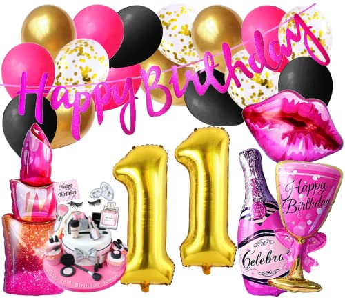 Girls Lady Mode Luxus Set Mädchen Geburtstags Dekoration Diva Party 11 Zahl Folienballon Gold Beauty Lippen insta Deko Party Ballons Pink 11 Jahre Banner Kosmetik Cupcake Jubiläum (Zahl 11) von Generisch