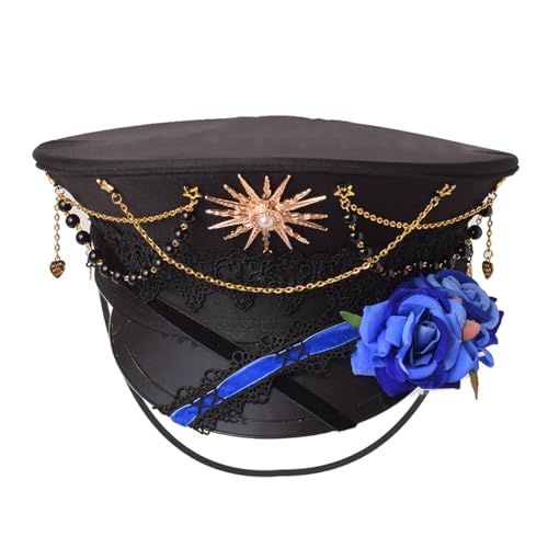 Gothic Lolita Militärhut für Damen, Damen, schwarzes Kreuz, Seemannskapitän, flach, Steampunk-Hut, Hellblau, Größe L von Generisch