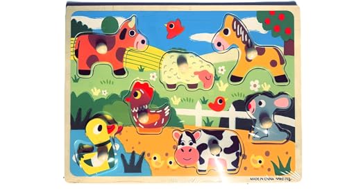 Greifpuzzle Steckpuzzle mit Waldtieren, Fischen, Bauernhof- oder Zootieren, Montessori, Holz (Bauernhof) von Generisch