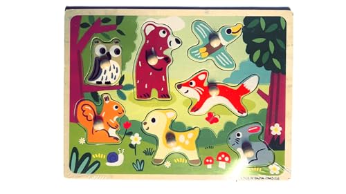 Greifpuzzle Steckpuzzle mit Waldtieren, Fischen, Bauernhof- oder Zootieren, Montessori, Holz (Wald) von Generisch