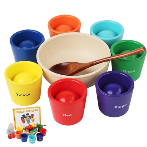 Großer Ball im Becher,Bälle im Becher Spielzeug, Aktivitätswürfel aus Naturholz mit Organizer-Tasche, Multifunktionales Frühentwicklungsspiel mit 7 Bällen und 7 Bechern für Kinder von Generisch