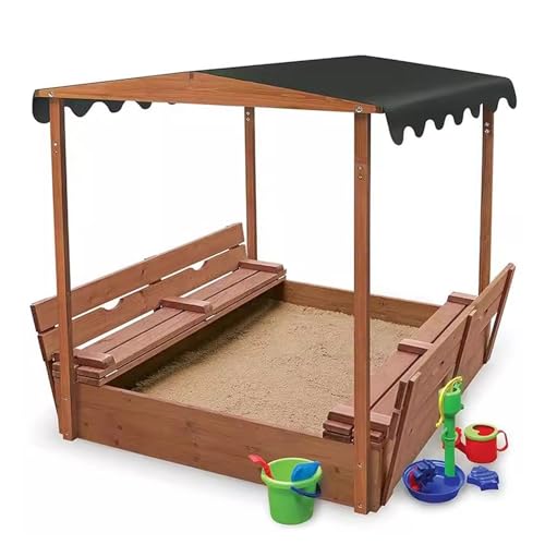 Großer Sandkasten aus Holz mit verstellbarem Baldachin und faltbaren Bänken, Outdoor-Hinterhof, Sandkasten für Kinder von 3 bis 12 Jahren, 118,1 x 118,1 x 145 cm von Generisch