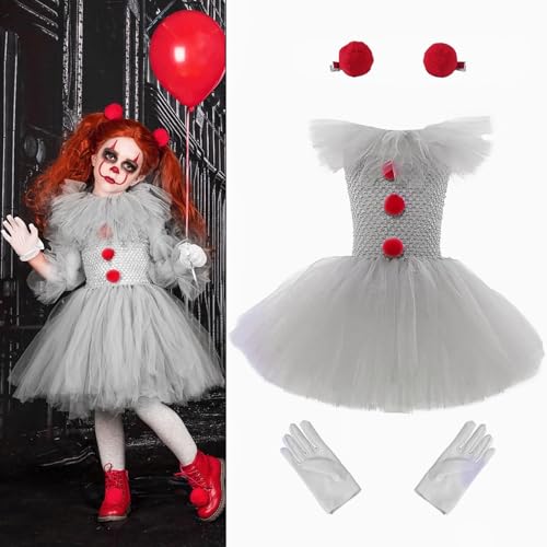 Gruseliges Clo-wn Kostüm für Kinder, Mädchen Halloween Clow-ns Rock, Pennywises Halloween Kostüm mit Handschuhen und Roter Haarnadel, Gruseliges Halloween Tutu Kleid, Halloween It Clow-ns Cosplay von Generisch