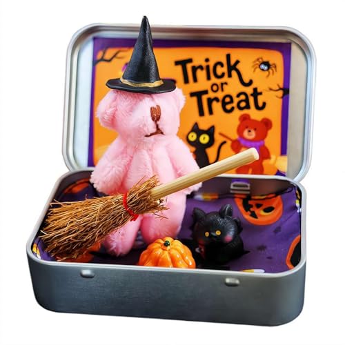Halloween-Bär in einer Box für Süßes oder Saures, Miniatur-Hexer, kleine Bären in einer Box, handgefertigte Hexe Bea-r mit Hexendecke, Besen, Umhang, Kürbis und Katze, Halloween-Dekoration Halloween-Bär in einer Box für Süßes oder Saures, Miniatur-Hexer, kleine Bären in einer Box, handgefertigte Hexe Bea-r mit Hexendecke, Besen, Umhang, Kürbis und Katze, Halloween-Dekoration von Generisch
