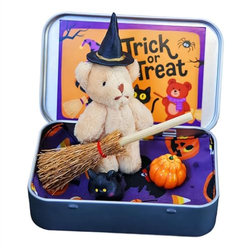 Halloween-Bär in einer Box für Süßes oder Saures, Miniatur-Hexer, kleine Bären in einer Box, handgefertigter Hexenbär mit Hexendecke, Besen, Umhang, Kürbis und Katze, Halloween-Dekoration Halloween-Bär in einer Box für Süßes oder Saures, Miniatur-Hexer, kleine Bären in einer Box, handgefertigter Hexenbär mit Hexendecke, Besen, Umhang, Kürbis und Katze, Halloween-Dekoration von Generisch