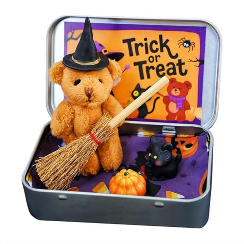 Halloween-Bär in einer Box für Süßes oder Saures, Miniatur-Hexer, kleine Bären in einer Box, handgefertigter Hexenbär mit Hexendecke, Besen, Umhang, Kürbis und Katze, Halloween-Dekoration Halloween-Bär in einer Box für Süßes oder Saures, Miniatur-Hexer, kleine Bären in einer Box, handgefertigter Hexenbär mit Hexendecke, Besen, Umhang, Kürbis und Katze, Halloween-Dekoration von Generisch