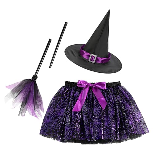 Halloween-Hexen-Tutu-Set für Mädchen – Polyester-Partykleid für Cosplay | Cosplay-Kostümrock mit Hut und Besen | Halloween-Kleider für Festivals | Röcke und von Generisch