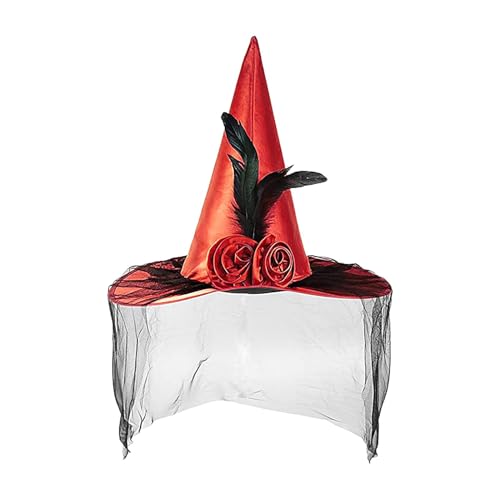 Halloween Hexenhut | Cosplay Hexenhut | Zaubererhut mit Schleier | Feder Rose breite Krempe Hut | Feder Rose breite Krempe Hut Raffung Hüte Spitzhut Halloween Kostüm Zubehör von Generisch