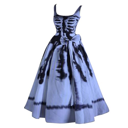 Halloween Kostüm Damen Gruselig Druck Ärmelloser Cocktailkleid Schnüren Festlich Gastkleider Zombie Braut Horror Elegant Kleid Maxikleid Halloween Kleidung Damenkleid Festival Kleid von Generisch