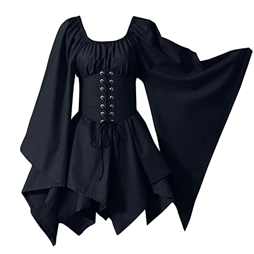 Halloween Kostüm Damen Mittelalter Kleid mit Trompetenärmel Gothic Retro Renaissance Partykleid Cosplay Outfit Gebunden Taille Übergröße Schnüren Kleider Karneval Party Kleidung von Generisch