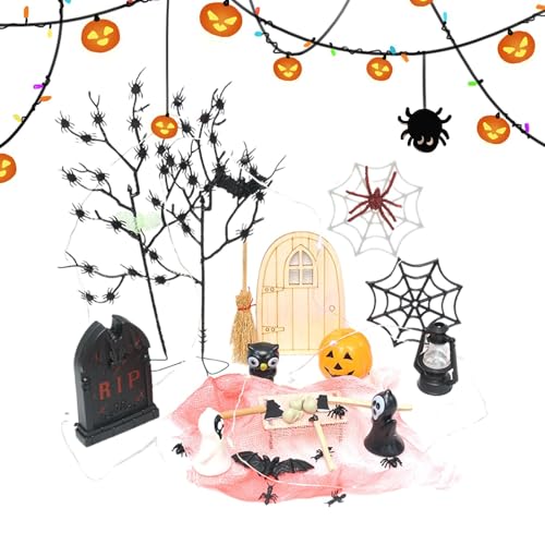 Halloween-Miniaturen zum Basteln,Halloween-Puppenhaus-Miniaturen - Horror dekorative Halloween-Bastel-Miniaturen | Multifunktionales Feengarten-Zubehör mit Lichterkette für drinnen und draußen von Generisch