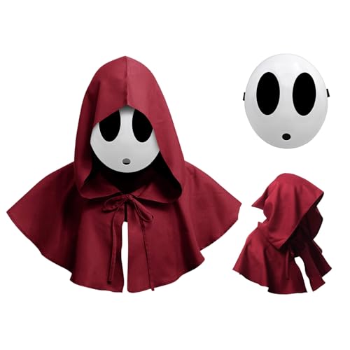 Generisch Shy Guy Maske Weiße Anime Maske mit Rittermantel für Jungen Mädchen Halloween Party Cosplay (Red, Boy) von Generisch