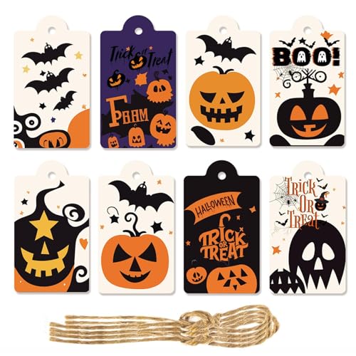 Generisch Halloween-Tags,Halloween-Leckerei-Tags | 80 Stück gruselige Geschenkanhänger mit Schnur - -Fledermaus-Anhänger, 8 Stile, Halloween-Papieranhänger für Halloween- -Geschenk-Süßigkeitstüten von Generisch