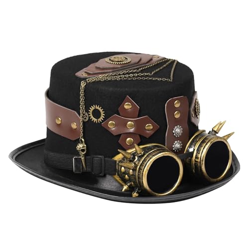 Herren Gothic Steampunk Hüte | Cosplay Halloween Kostüm Kopfbedeckung Hut mit abnehmbarer Brille – Verkleidungszubehör, Kostüm Herren für Halloween Maskerade von Generisch