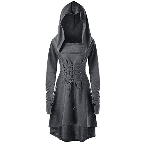 Hexenkostüm Damen Retro Cosplay Gothic Kleid Mittelalter Kleidung Kostüm Kleid Für Halloween Karneval Renaissance Kostüm Mit Kapuze Faschingskostüme Robe Zum Schnüren Mittelalter Kleid Langarm von Generisch