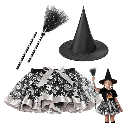 Hexenkostüm mit Hut und Besen, Hexenkleid für Mädchen, Kleinkind-Halloween-Verkleidung, Gruseliges Märchenhexenkostüm für Maskerade, Mädchengeburtstag von Generisch