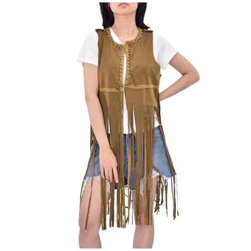 Hippie Kleid, Faschingskostüme Damen Cowgirl Karneval Kostüm Boho Fransen Weste - Hippie Mit Ärmellose Kleidung Bolero Vintage 60Er 70Er Bekleidung Outfit Für Karneva Disco von Generisch